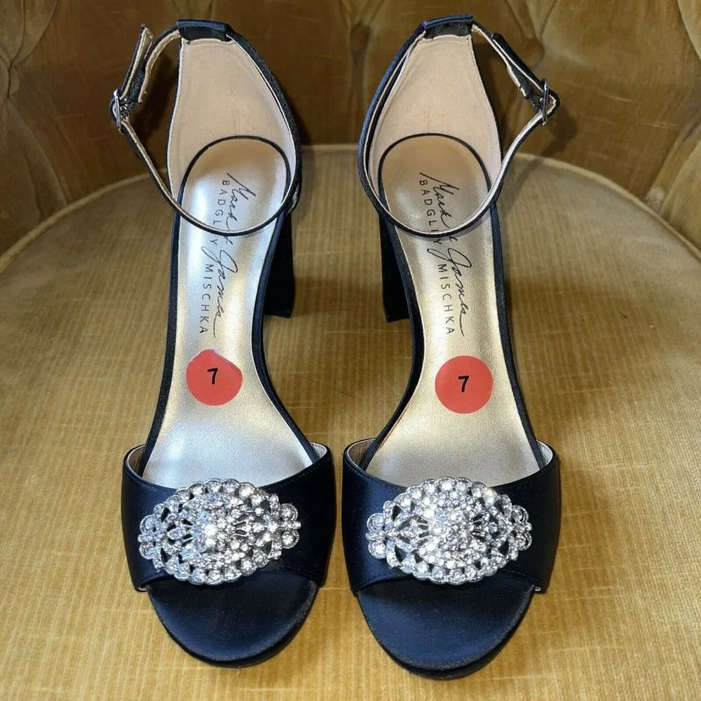 BADGLEY MISCHKA Mark and James Black Satin Block Heel JEWELED Ankle Strap 7 - Picture 1 of 10